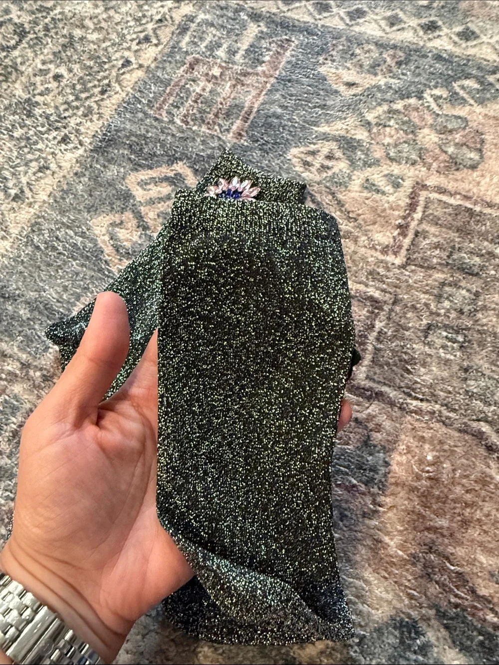 Embellished Black Sparkle Crew Socks with Floral Crystal Appliqué